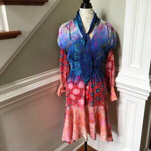 Peter Pilotto Shirt Midi Dress Womens 12 8 US Blue Pink Asymmetric Long Sleeve